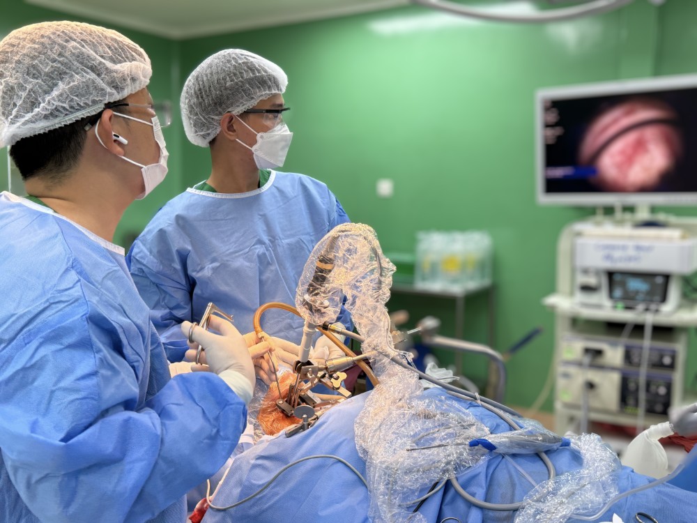 Doctors performing an endoscopic procedure with a monitor